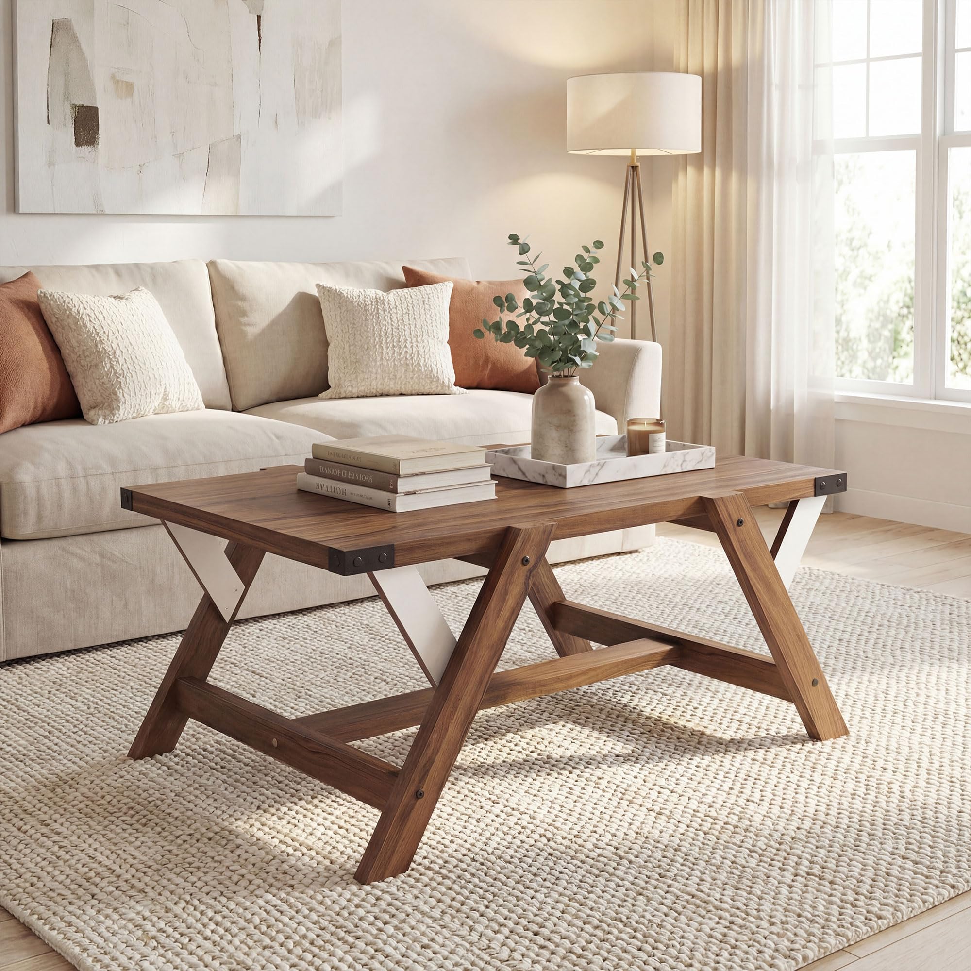 Tangkula Farmhouse 35.5-Inch Rectangle Wooden Coffee Table for Living Room